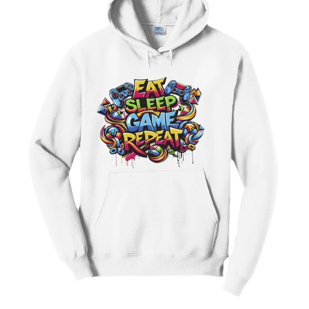 Eat Sleep Game Repeat Graphic Hoodie - White